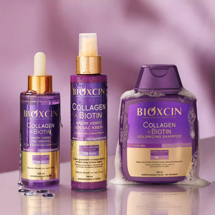 ماسک مو تیوپی حجم دهنده مو بیوکسین Bioxcin بنفش حاوی بیوتین و کلاژن حجم 250 میل